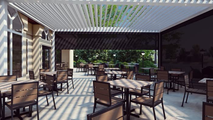 B2 Bistro motorized louvered roof rendering — louvers closed against rain over restaurant patio