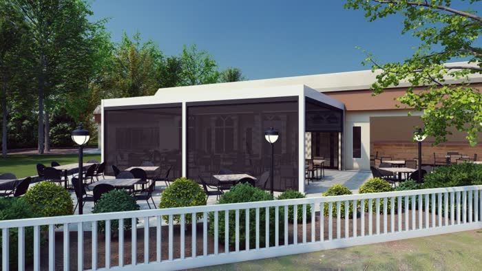 B2 Bistro motorized louvered roof rendering — louvers open over the restaurant patio dining area
