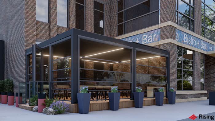 B2 Bistro Reading PA Azenco SkyTilt motorized louvered roof design rendering