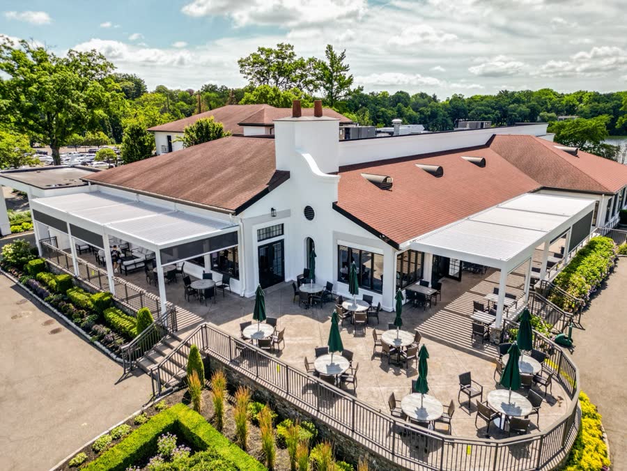 Lake Success Country Club Long Island NY — finished motorized louvered roof installation aerial drone view