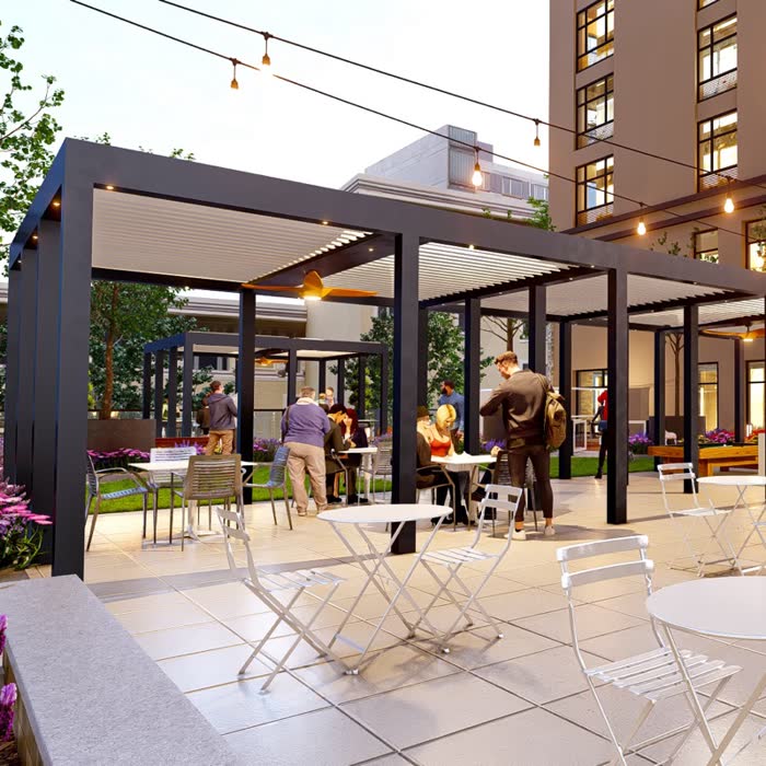 32 Oakland Jersey City NJ courtyard rendering with motorized louvered pergola over dining