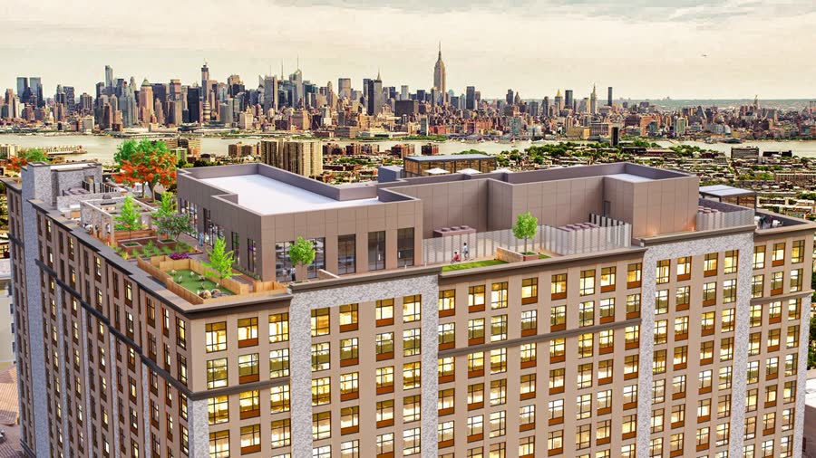 32 Oakland Jersey City NJ rooftop motorized louvered roof design rendering with NYC skyline