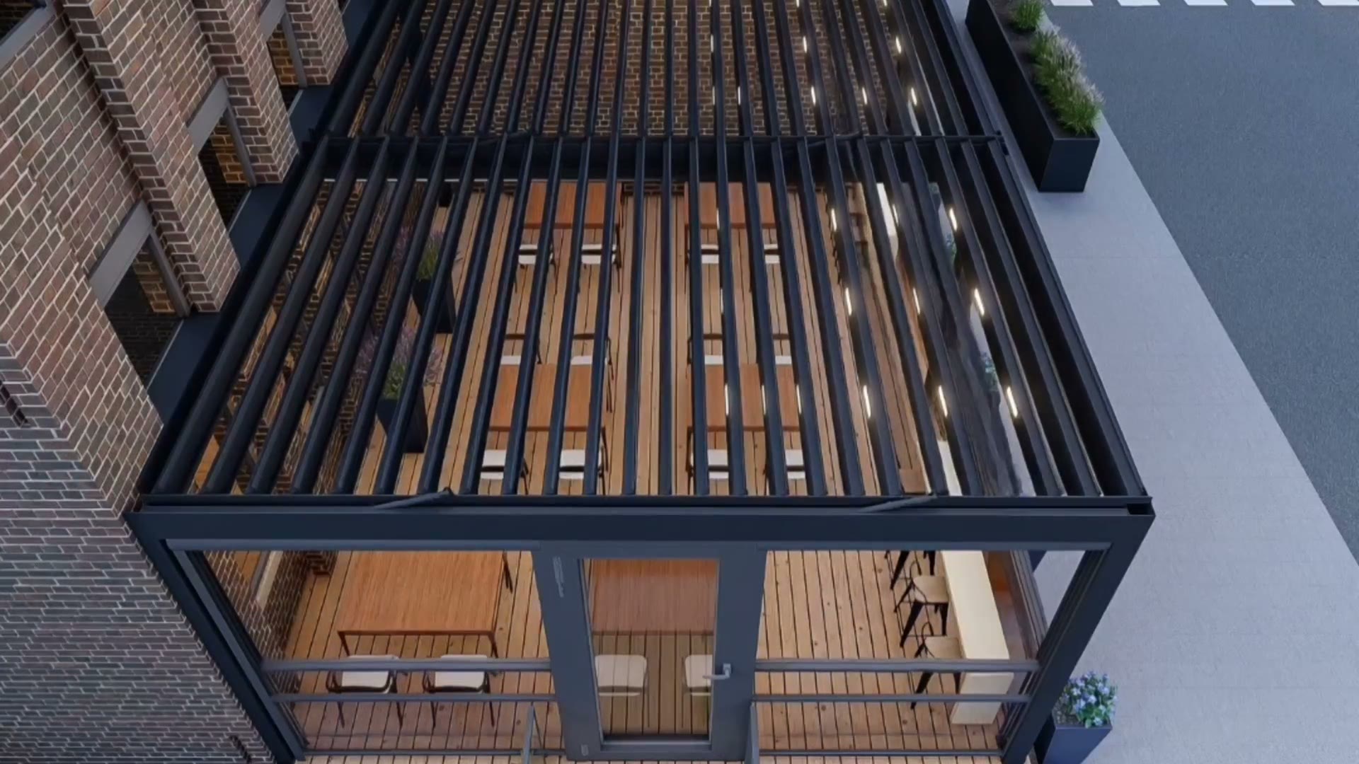 3D rendering of a louvered pergola over a rooftop dining deck with tables, chairs, and a glass guillotine door, dusk.