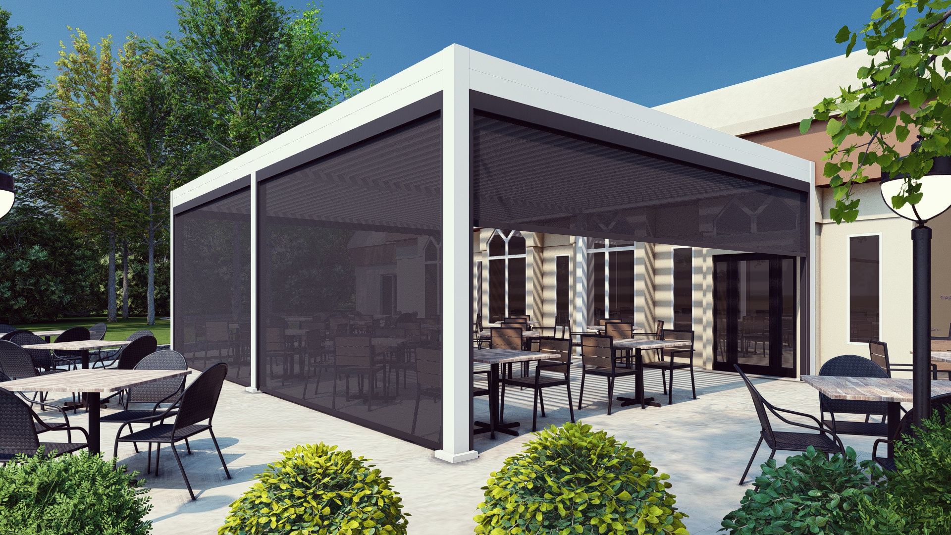 3D rendering of a louvered pergola with retractable screens over an outdoor restaurant dining patio