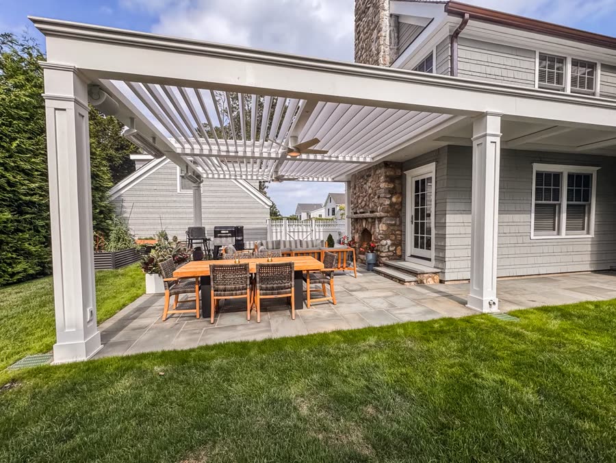 Transitional style motorized pergola