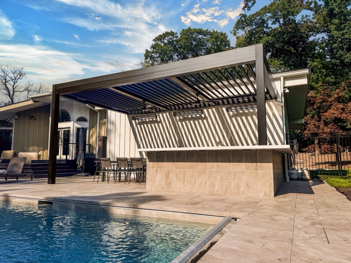 Black louvered pergola Tenafly NJ modern