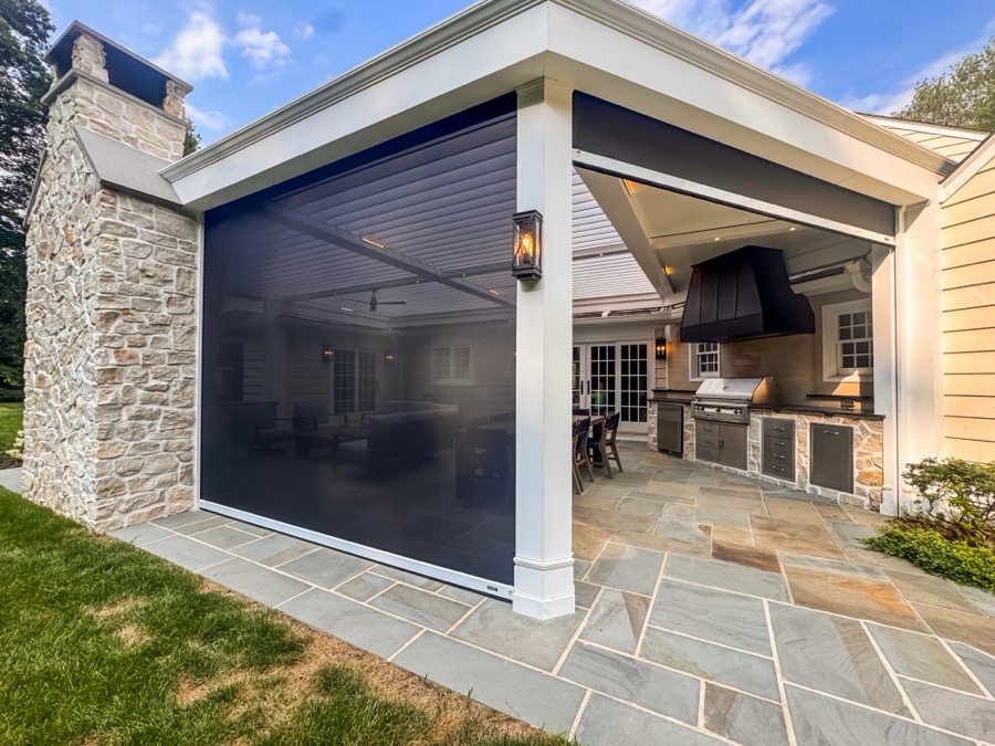 Screens lowered for shade and privacy