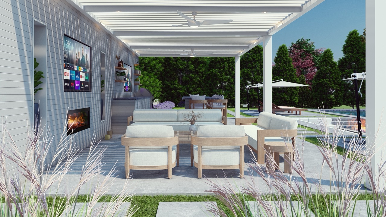 Breslow 3D rendering — poolside louvered pergola lounge with fireplace and TV