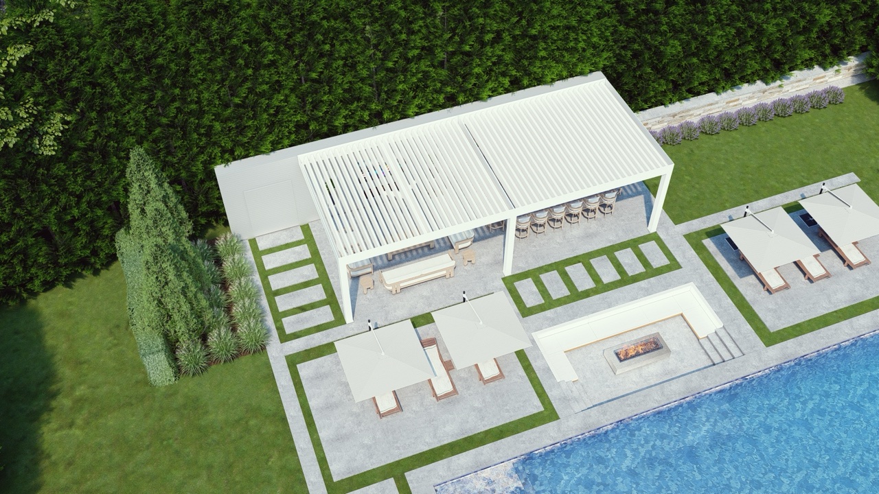 Breslow 3D rendering — full estate outdoor living concept