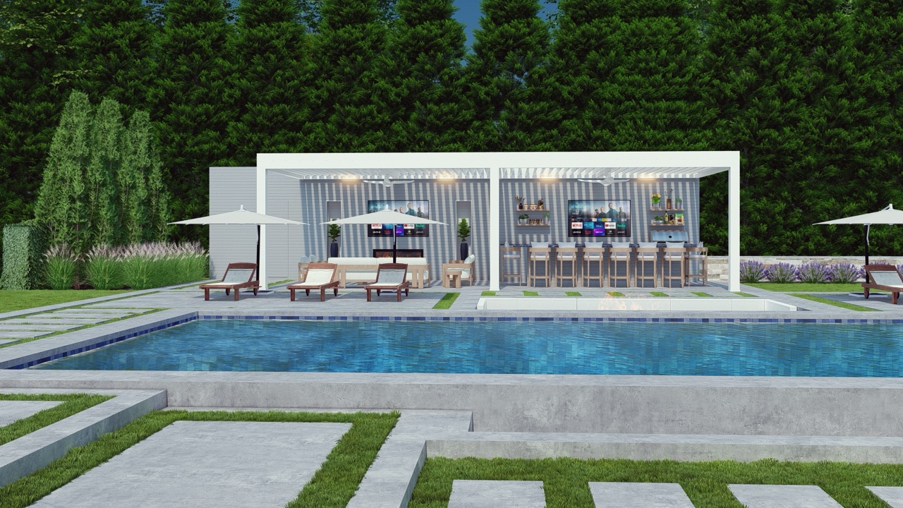 Breslow 3D rendering — louvered pergola and pool deck layout
