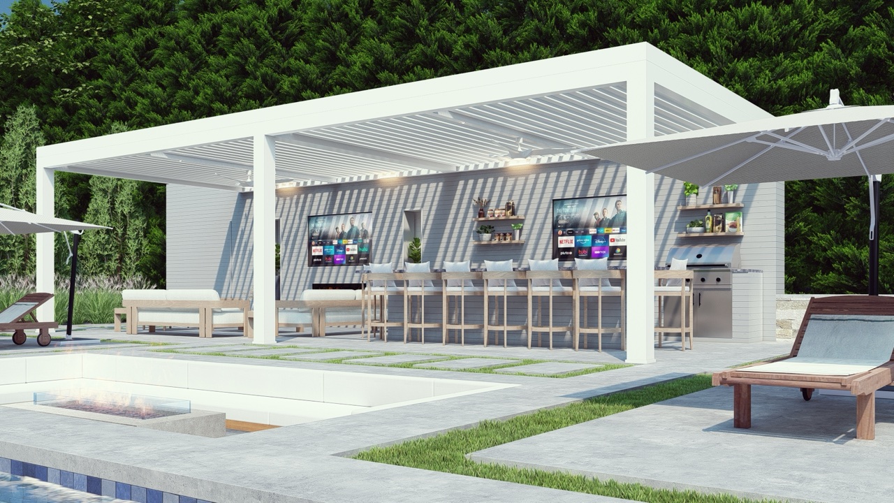 Breslow 3D rendering — motorized louvered pergola over outdoor kitchen and bar