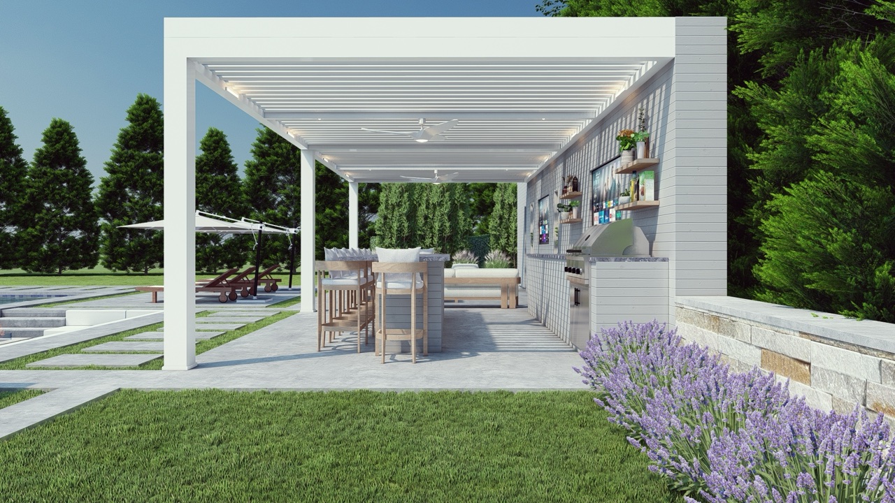 Breslow 3D rendering — louvered pergola dining and lounge concept