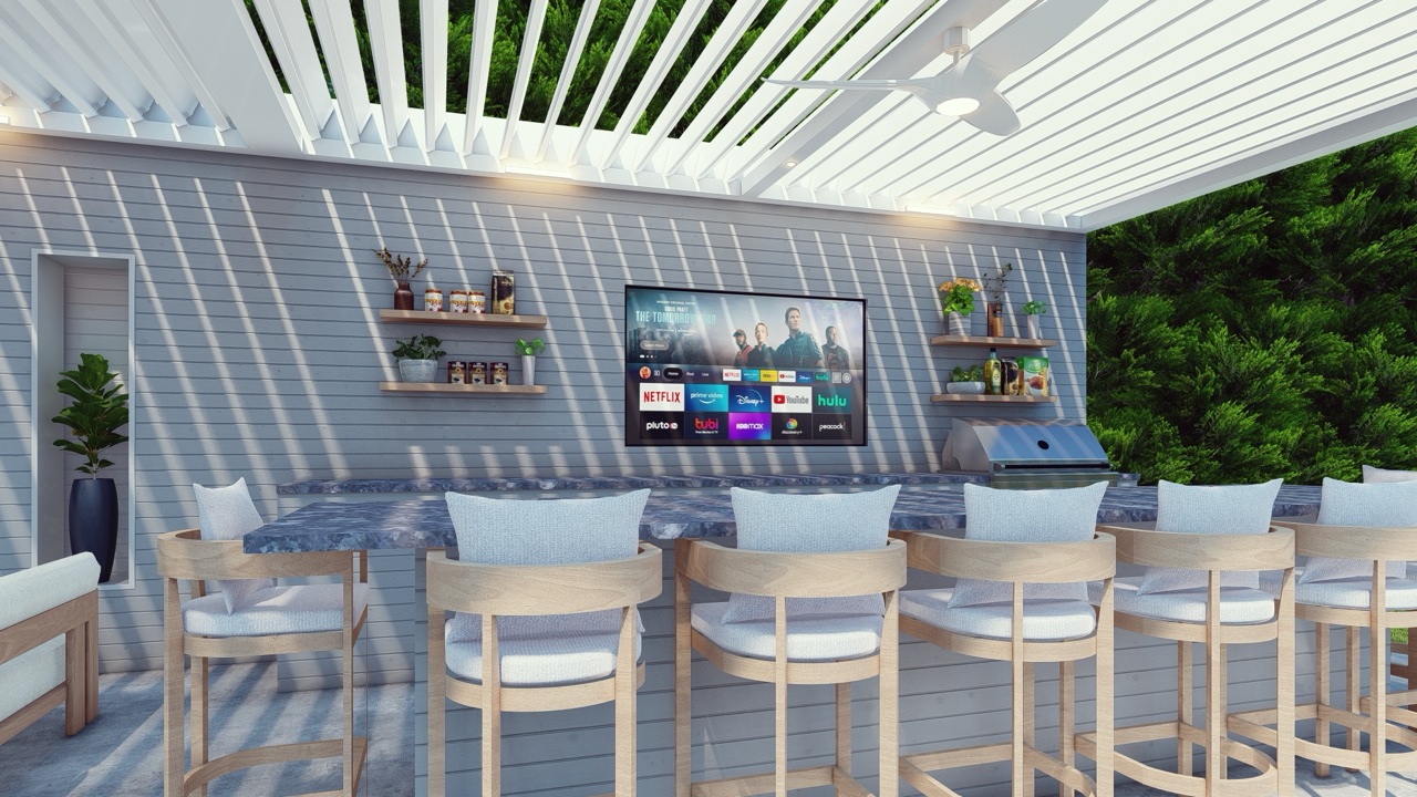 Breslow 3D rendering — louvered pergola outdoor living layout
