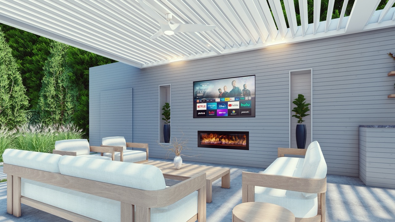Breslow 3D rendering — louvered pergola poolside elevation