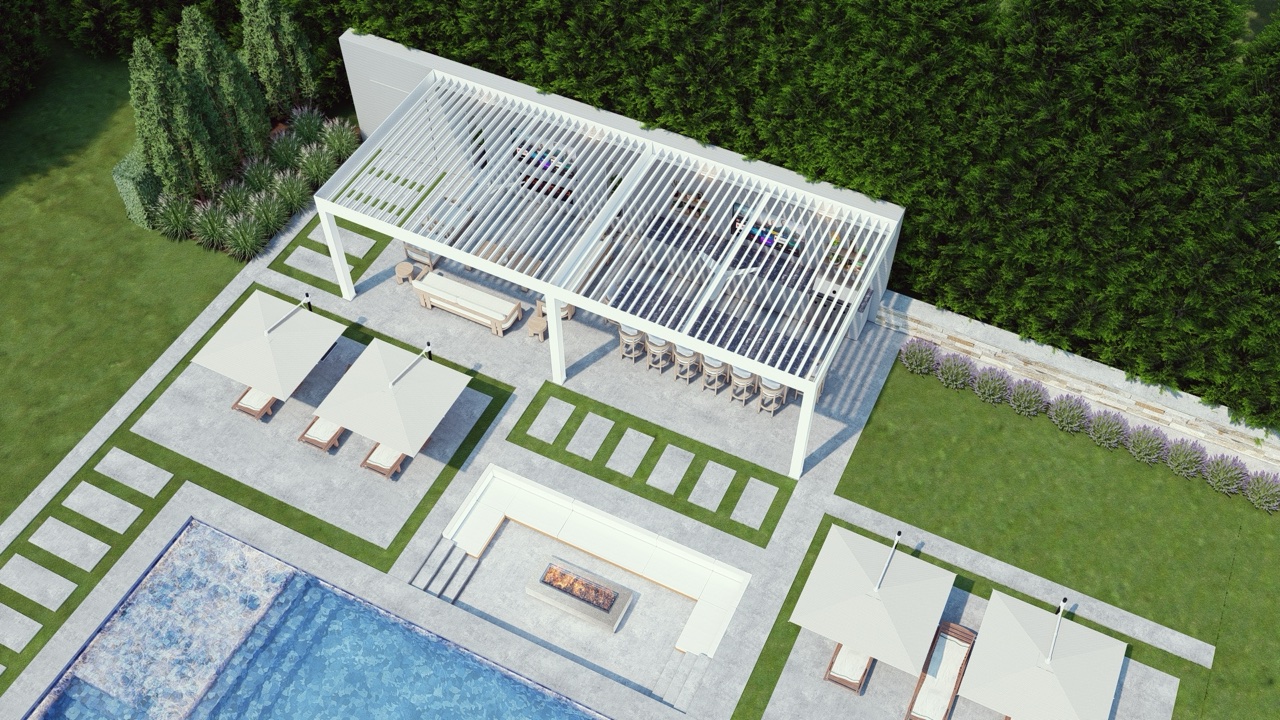 Breslow 3D rendering — louvered pergola and patio concept