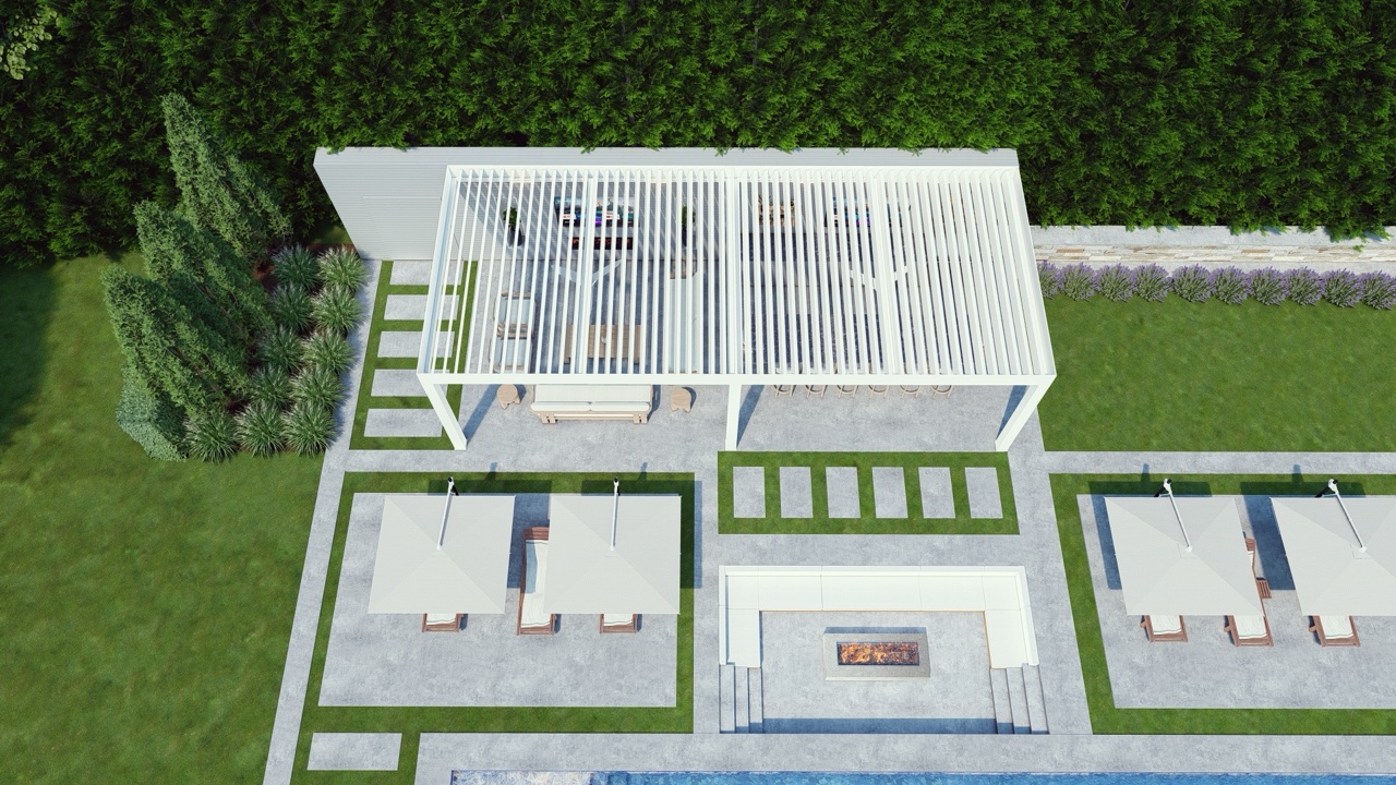 Breslow 3D rendering — louvered pergola outdoor kitchen detail