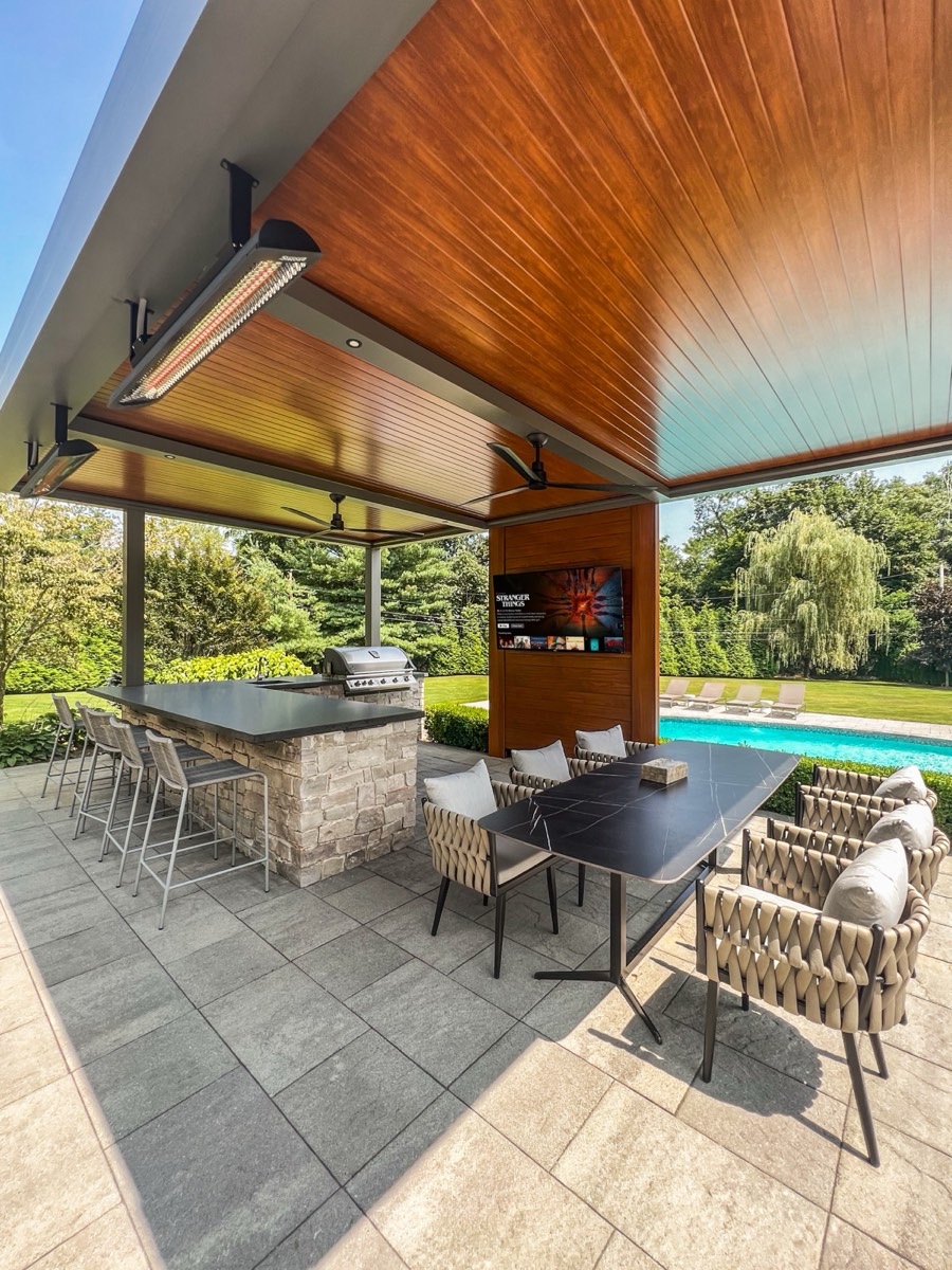 Custom Azenco R-Shade pergola — Old Westbury, NY