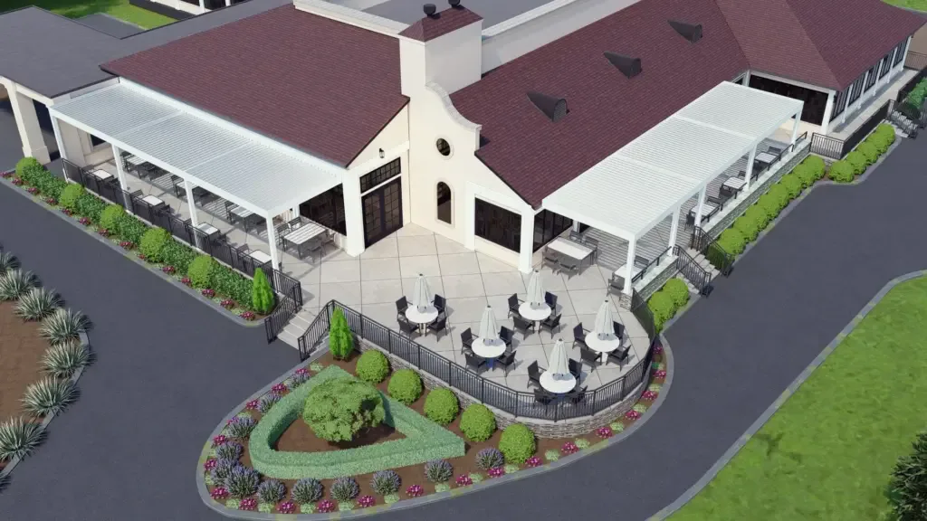 3D rendering, aerial view, of a Spanish-tile-roofed clubhouse with two white pergolas over patio seating and umbrellas, daytime.