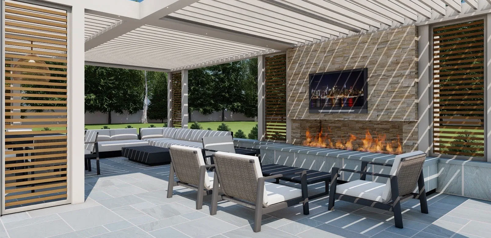A stylish outdoor lounge with sectional seating, a modern fireplace, and a TV, shaded by a trellis in a green garden setting.