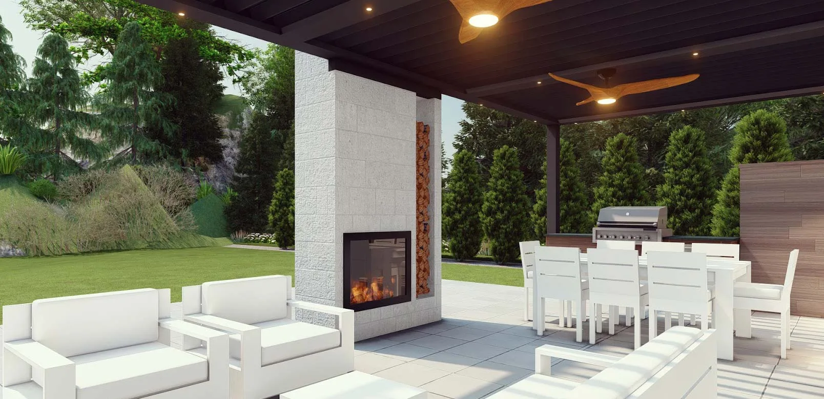 A stylish outdoor patio featuring white furniture, a modern fireplace, and a grill, surrounded by lush greenery.