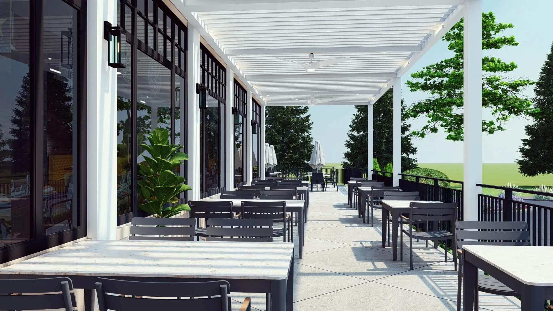 Stylish outdoor dining area featuring modern tables, black chairs, and lush greenery, under a white pergola with bright sunlight.
